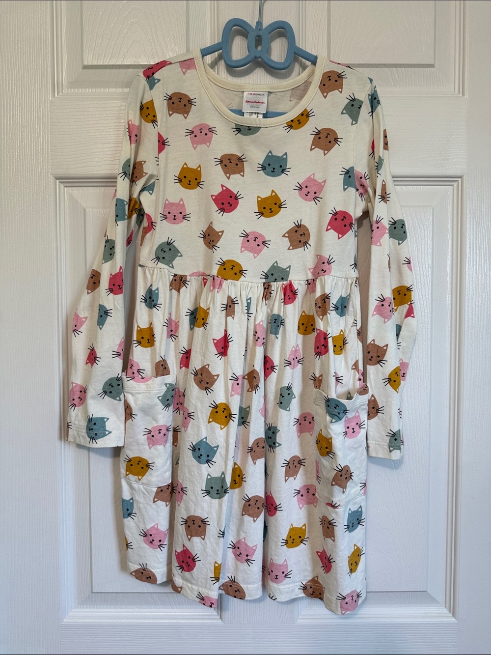 Hanna Andersson Long Sleeve Dress with Pink, Blue, Yellow & Brown Cat Faces